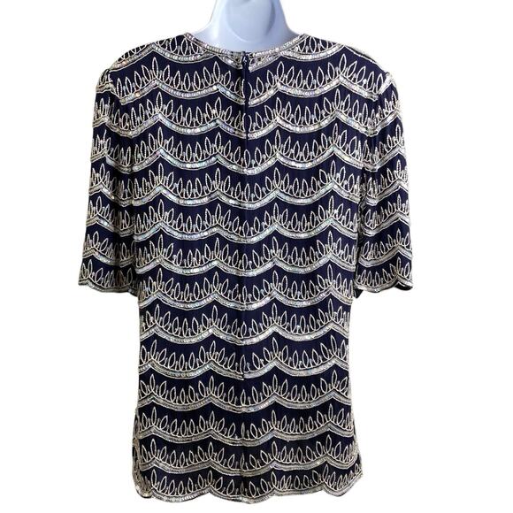 Vintage Frank Usher Women's‎ Navy Silver Details Silk Beaded Top Size S Dressy - Picture 2 of 12